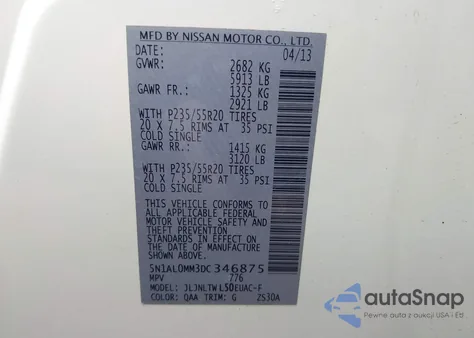 2013 Infiniti Jx35 z USA, uszkodzony, nr VIN 5N1AL0MM3DC346875